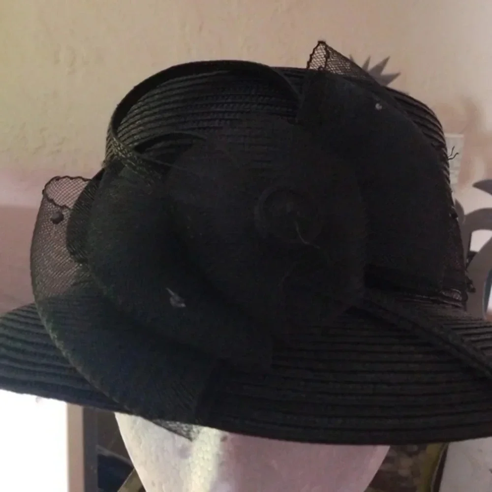 Black Floral Derby Hat Wide Brim Church Tea Party Wedding Fascinator Vintage Sty
